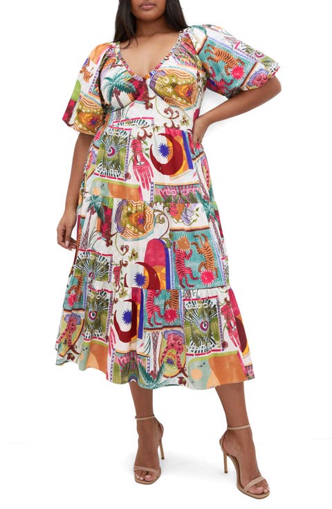 Simona Print Fit & Flare Midi Dress (Plus)