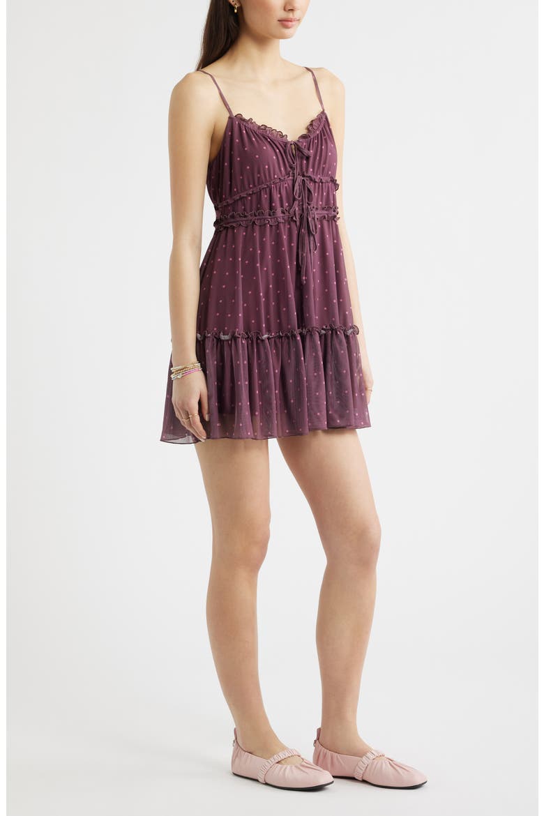 Ruffle Tie Front Tiered Mini Sundress, Alternate, color, BURGUNDY- PINK KAT DOT