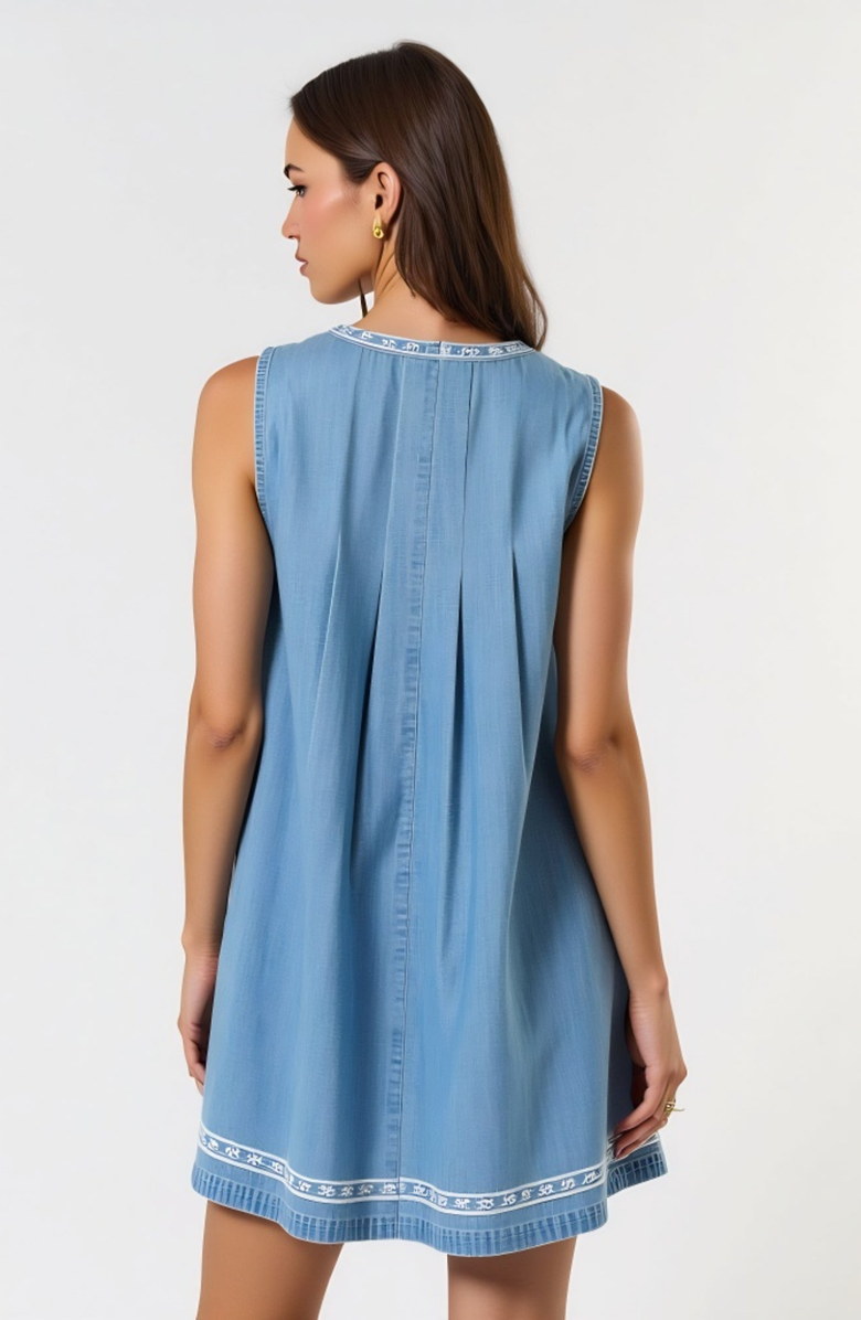 Modenaire Sleeveless Mini Dress with Embroidered Trim and Tie Front Detail, Alternate, color, Blue