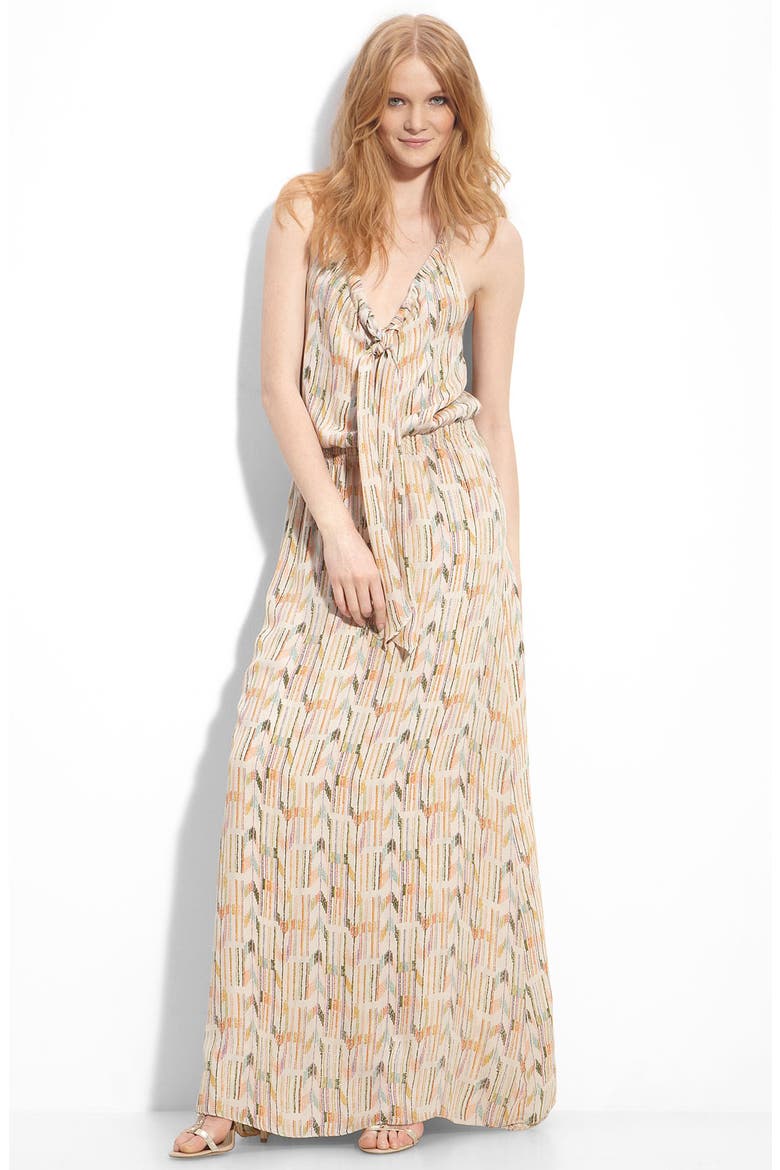 Tie Neck Silk Georgette Maxi Dress, Main, color, CREAM ARROW