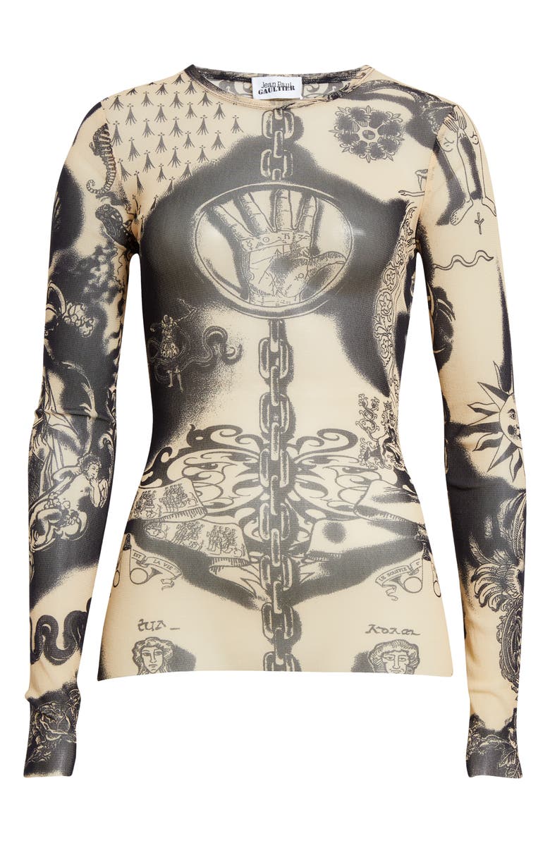 Jean Paul Gaultier Tattoo Print Semisheer Tulle Top, Main, color, 