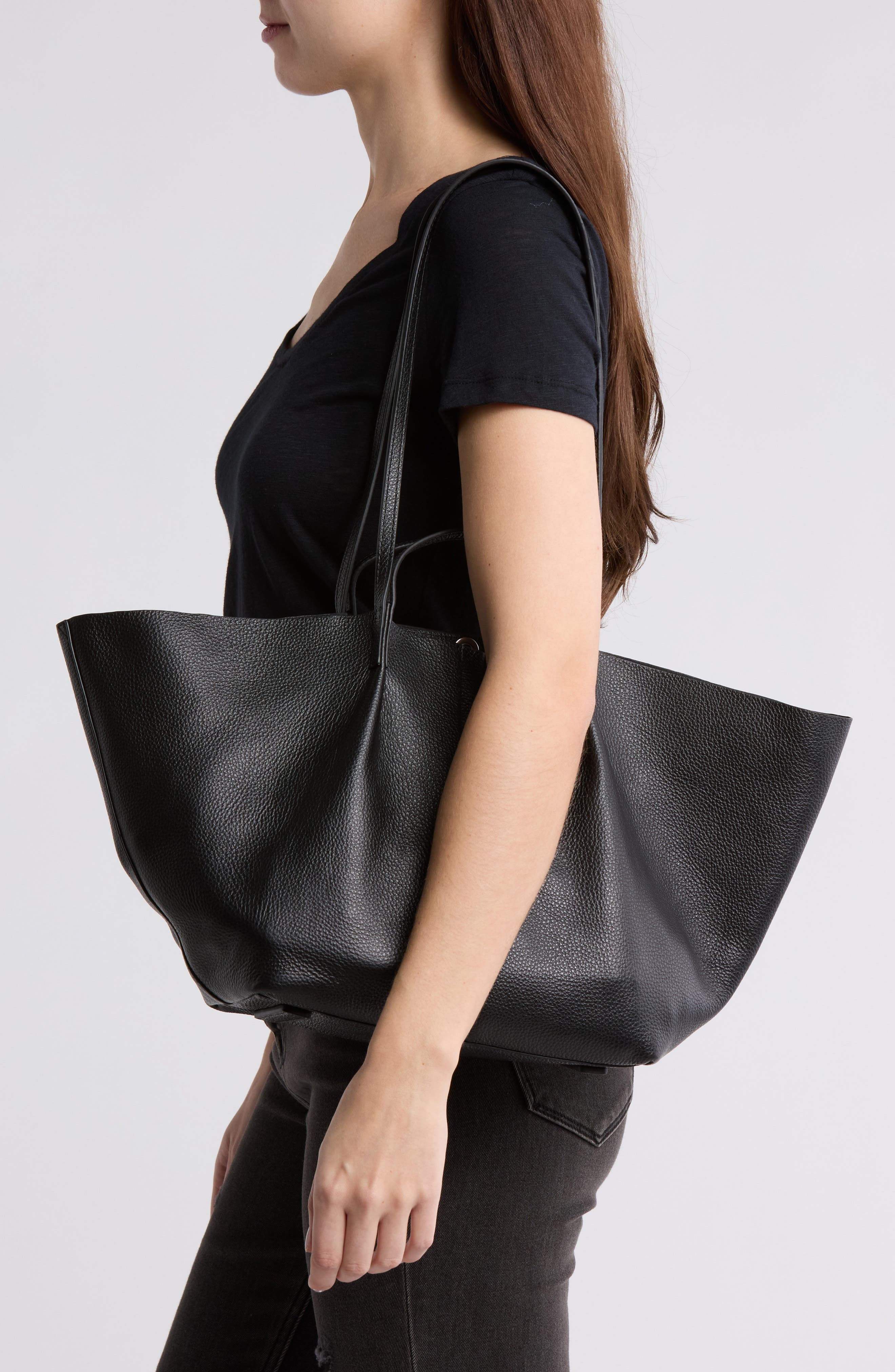 AllSaints Odette East/West Leather Tote Bag, Alternate, color, Black