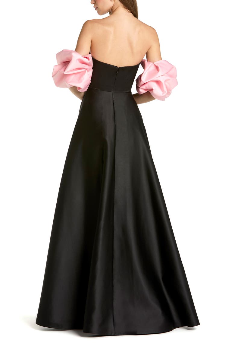 Satin Off The Shoulder Puff Sleeve Ball Gown, Alternate, color, Black Pink