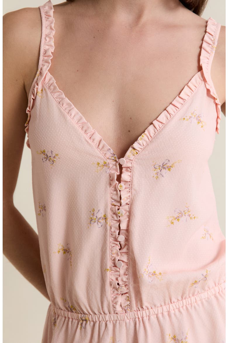 Solia Floral Swiss Dot Ruffle Trim Sleep Romper, Alternate, color, IMP FOND ROSE