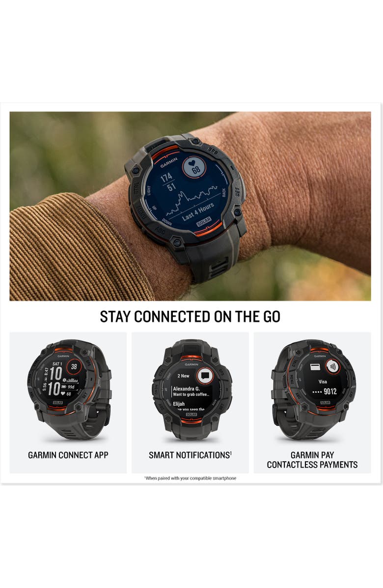 Garmin Instinct 3, 45mm Solar Rugged Outdoor GPS Smartwatch, Black/Black, Alternate, color, Black And Orange