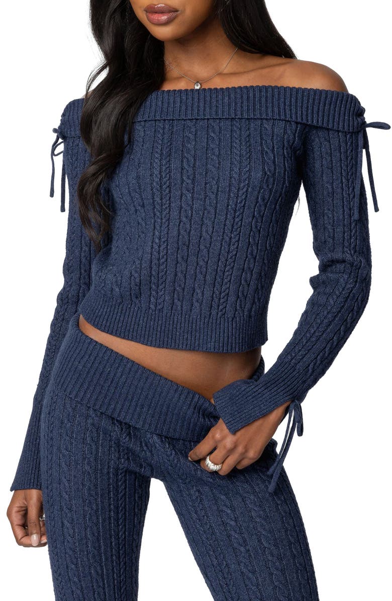 EDIKTED Chase Foldover Off the Shoulder Bow Trim Sweater, Main, color, Navy