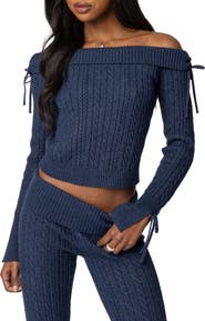 EDIKTED Chase Foldover Off the Shoulder Bow Trim Sweater