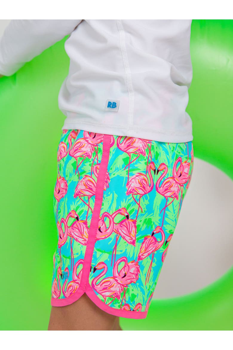 Boys UPF50+ Sun Protected Dolphin Hem Swim Trunks, Alternate, color, Neon Flamingo Fun