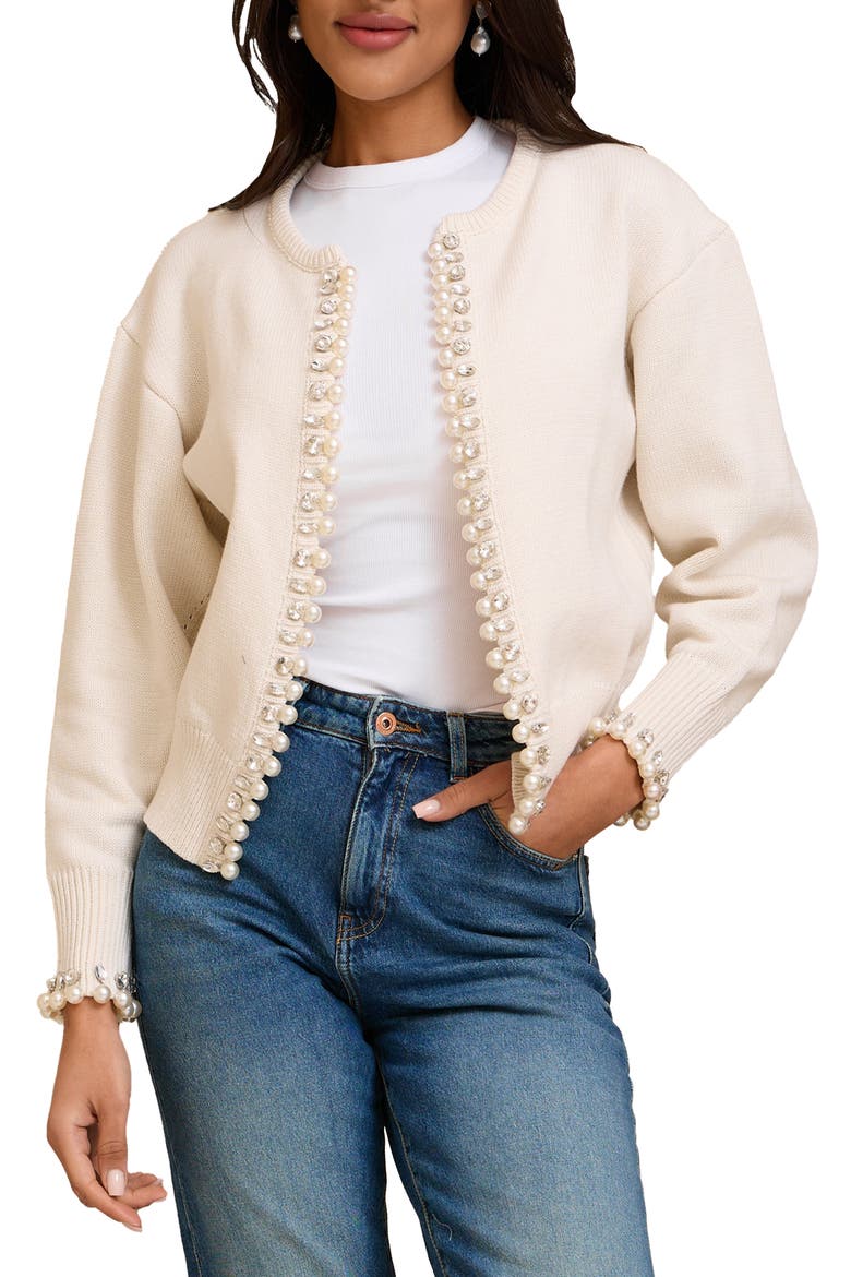 Faux Pearl & Crystal Cardigan, Main, color, WHITE