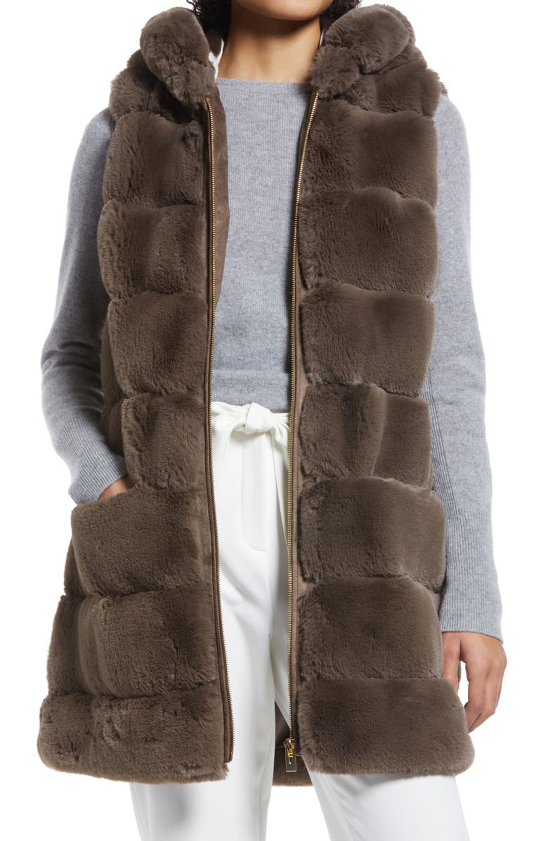 Via Spiga Grooved Faux Fur Hooded Vest, Main, color,
