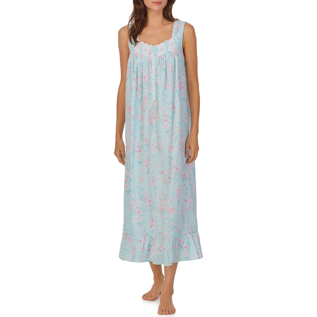 Shop Eileen West Floral Sleeveless Cotton Ballet Nightgown In Aqua/prt