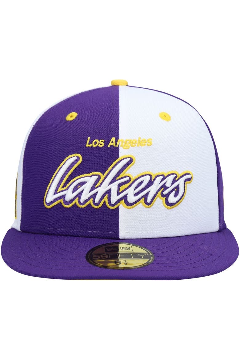 Men's New Era Purple/White Los Angeles Lakers Script Pinwheel 59FIFTY Fitted Hat, Alternate, color, Purple