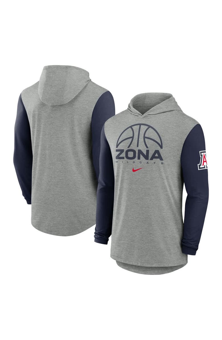 Nike Men's Nike Gray/Navy Arizona Wildcats Basketball Color-Block Tri-Blend Dri-FIT Long Sleeve Hoodie T-Shirt, Main, color, Gray