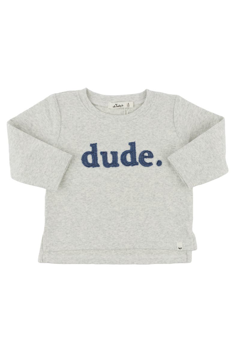 oh baby! "Dude" Denim Applique Raw Edge Baby Rib L/S Tee- Infant, Alternate, color, Heather Grey
