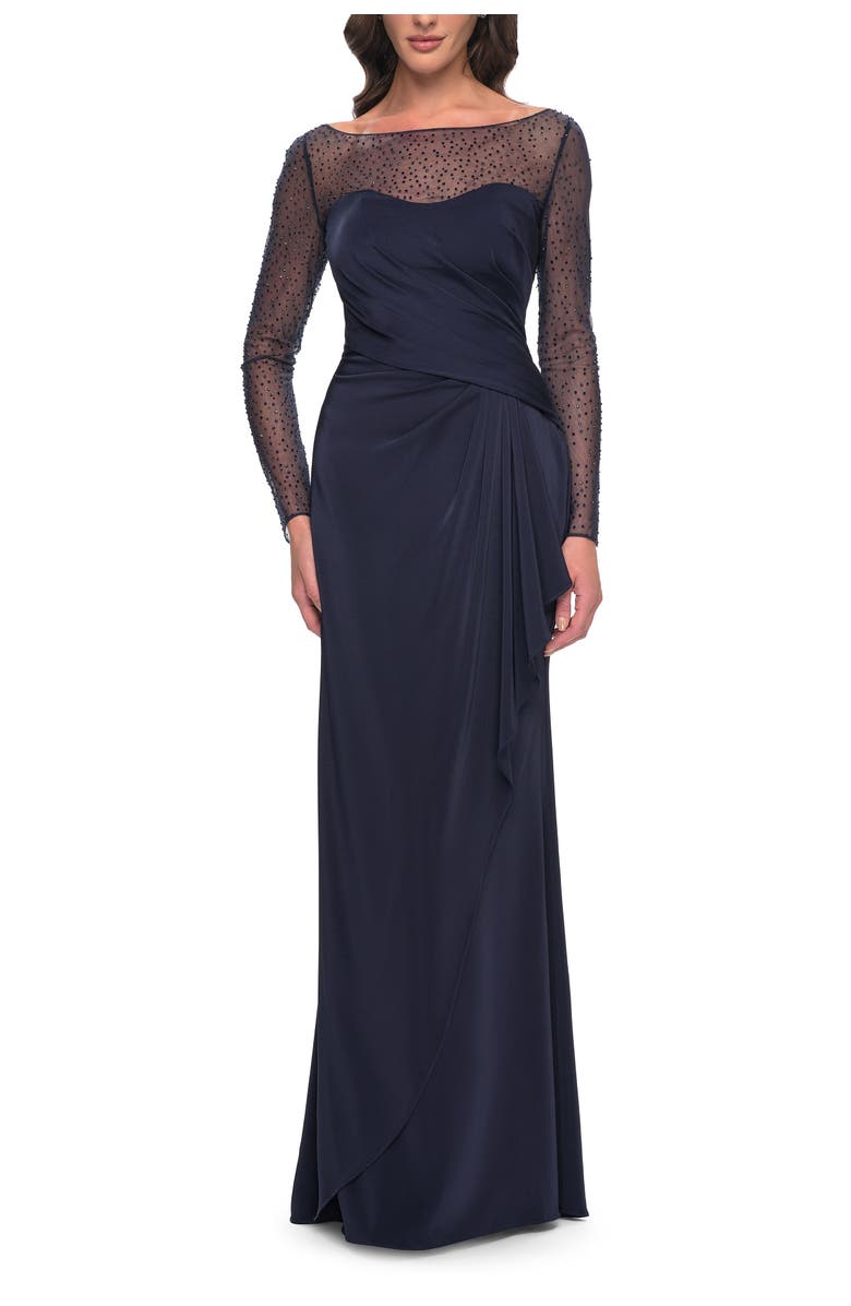 La Femme Sleek Long Evening Dress with Ruching and Illusion Top, Main, color, Navy