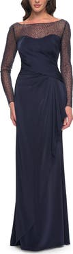 La Femme Sleek Long Evening Dress with Ruching and Illusion Top