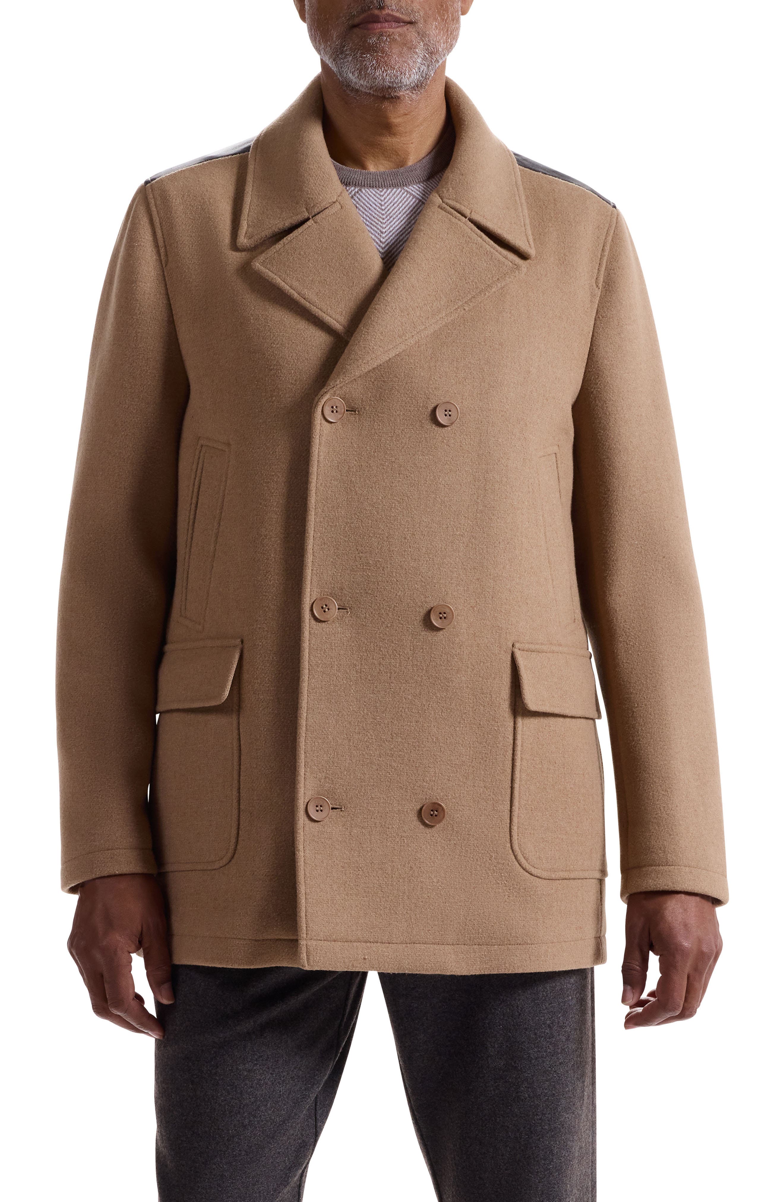 Leather Trim Wool Blend Tweed Peacoat