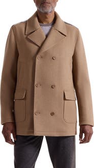 Bugatchi Leather Trim Wool Blend Tweed Peacoat