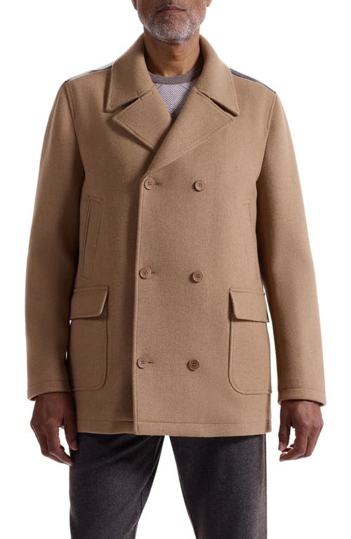 Bugatchi Leather Trim Wool Blend Tweed Peacoat In Brown