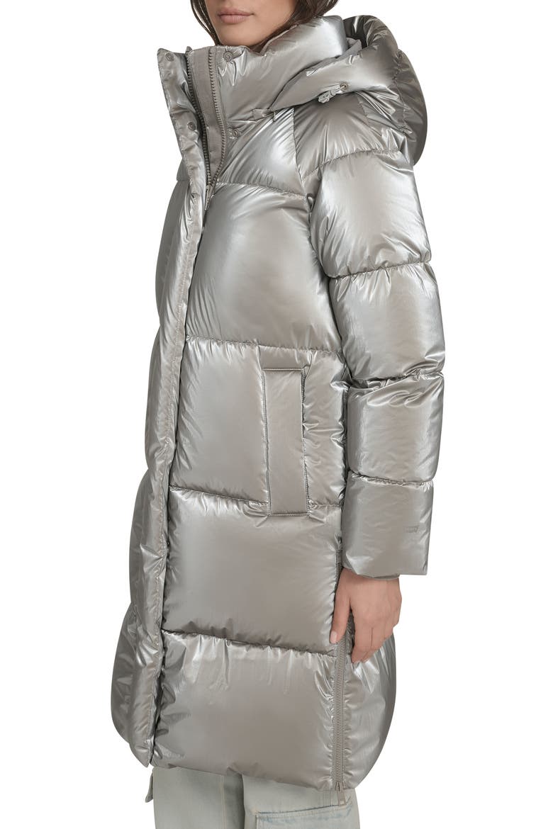 Water Resistant Mid Length Hooded Puffer Jacket, Alternate, color, SILVER