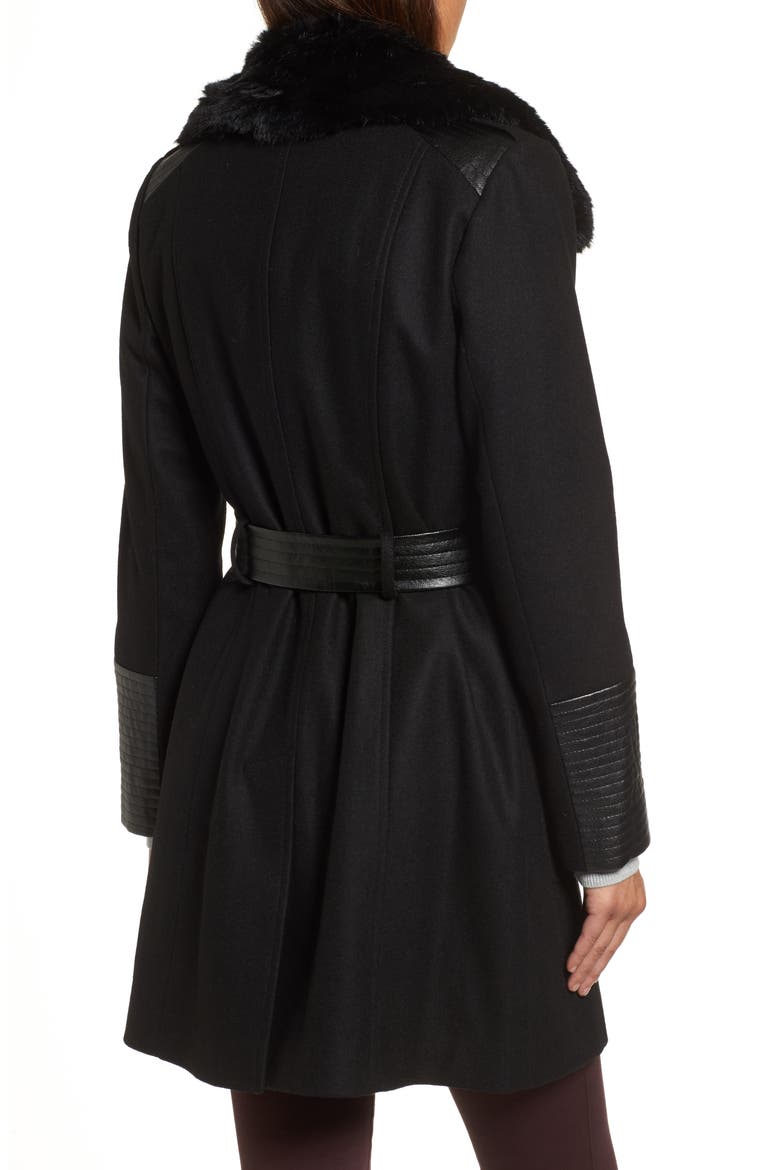 Faux Leather & Faux Fur Trim Belted Wool Blend Coat, Alternate, color, Z/DNUBLACK