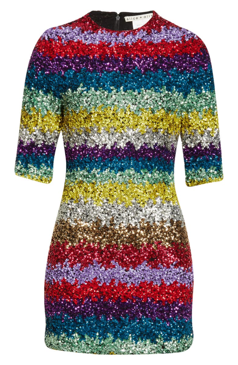 Alice + Olivia Inka Sequin Stripe Mock Neck Minidress, Alternate, color, 