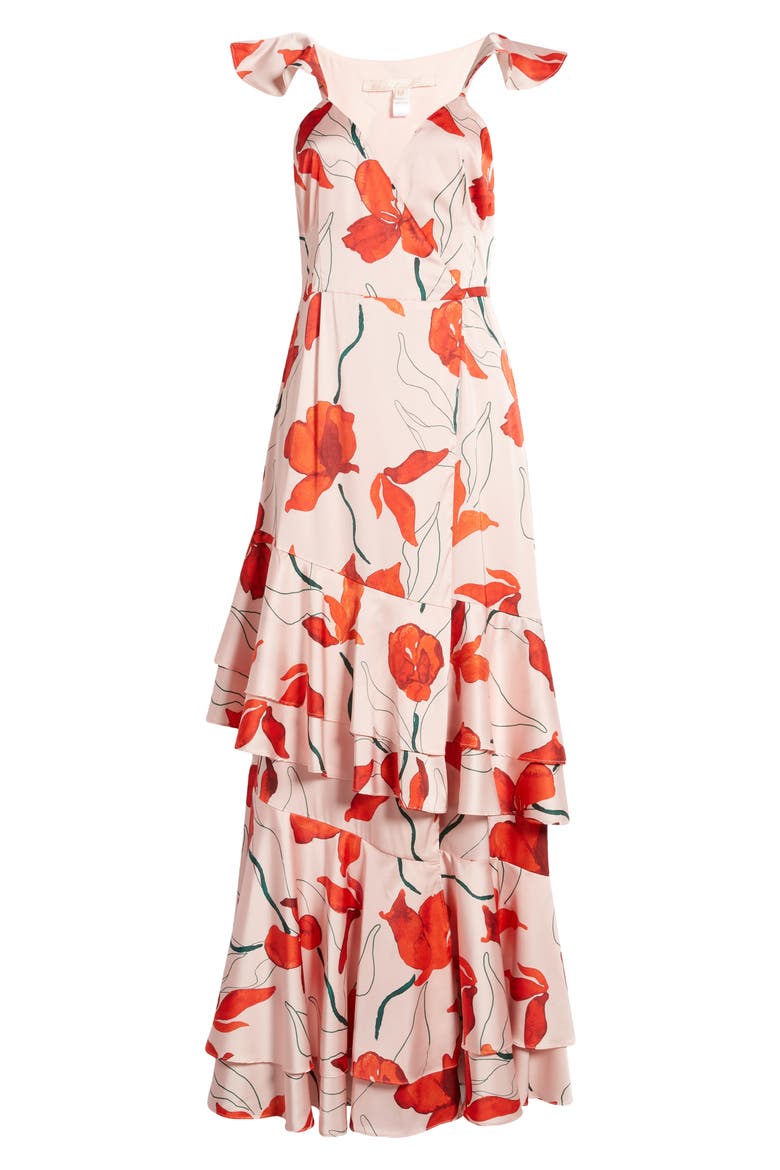 Senna Floral Tiered Wrap Maxi Dress, Alternate, color, BLUSH RED POPPIES SATIN