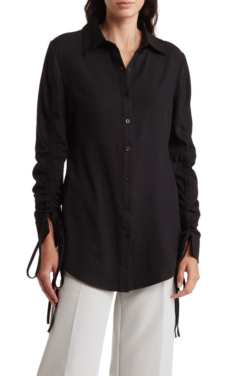 PATRIZIA LUCA Ruched Sleeve Button-Up Shirt, Main, color, Black