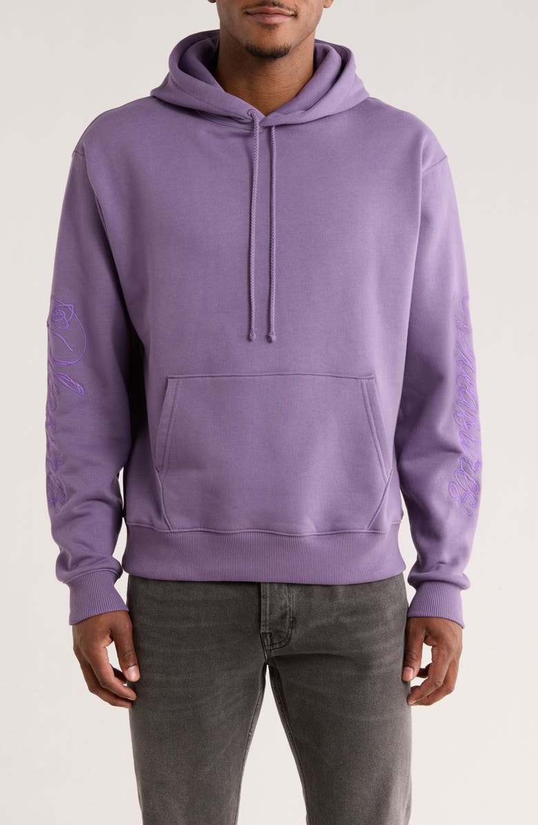 PLEASURES Scrawl Cotton Blend Hoodie, Main, color, Eggplant