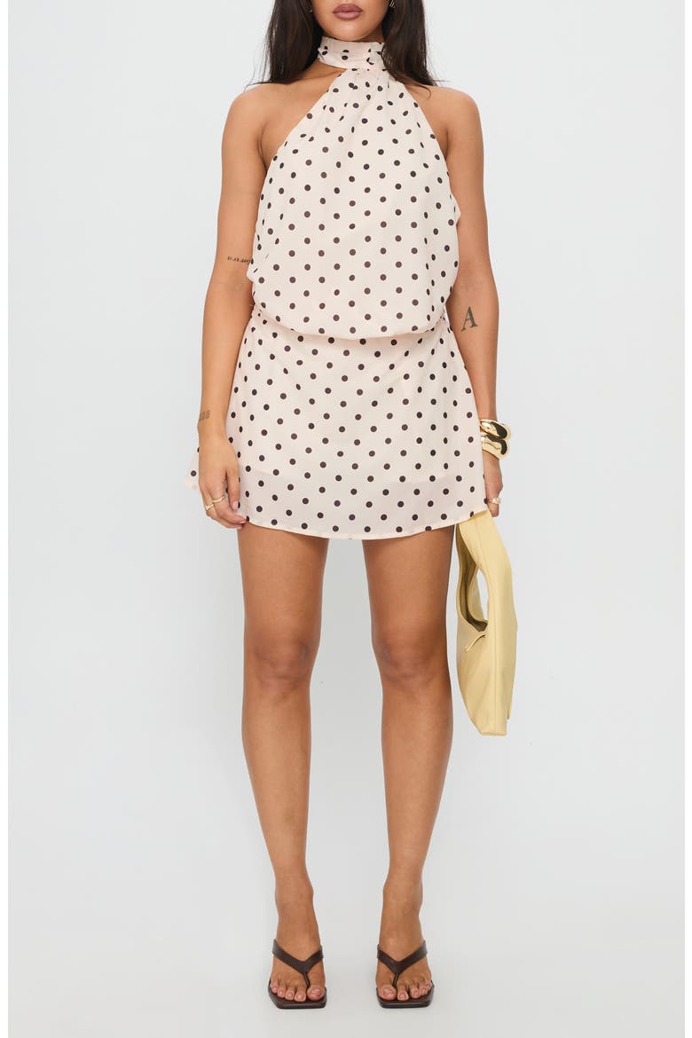 Natalea Polka Dot Halter Skirted Romper, Main, color, CREAM / BROWN POLKA