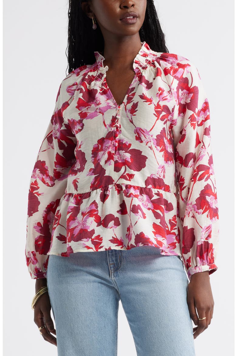 Floral Print Peplum Blouse, Main, color, IVORY- RED BLOOMING COSMOS