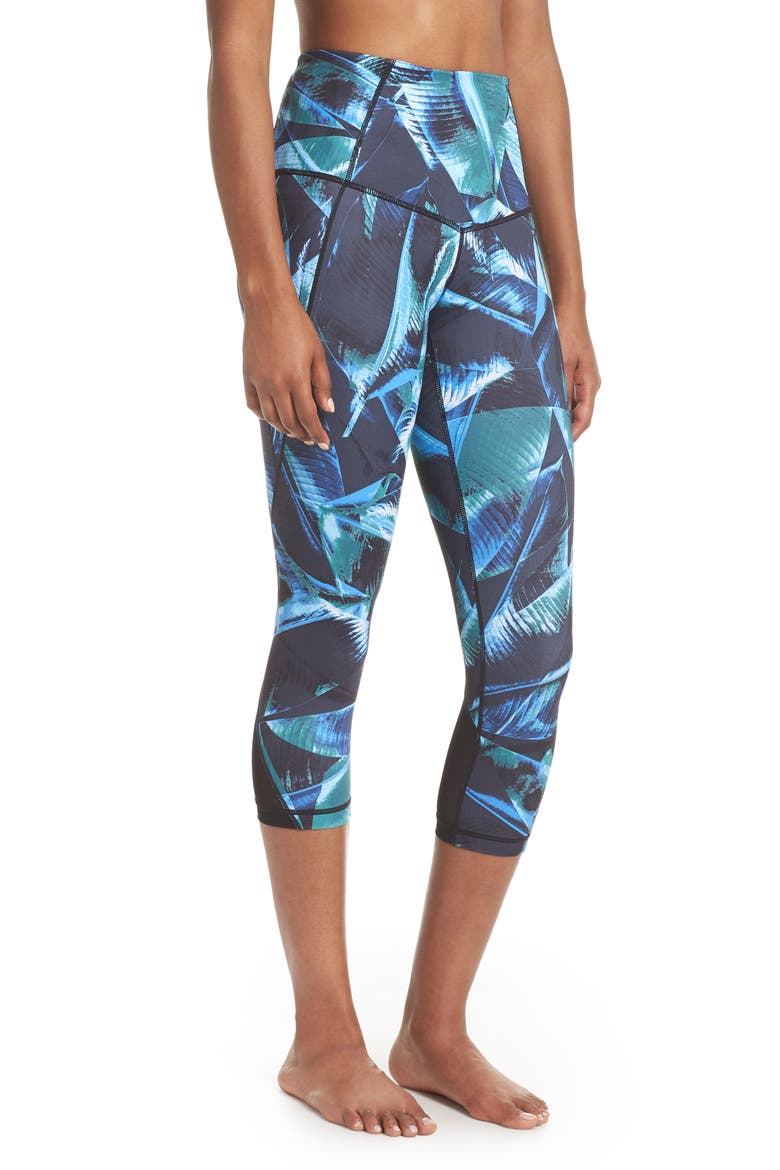 'Hatha' High Waist Crop Leggings, Alternate, color, GREEN BUG PALM HAZE PRINT