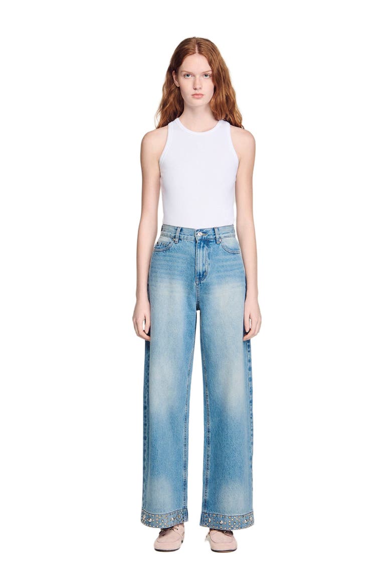 Straight rhinestone cotton jeans, Alternate, color, Blue jean