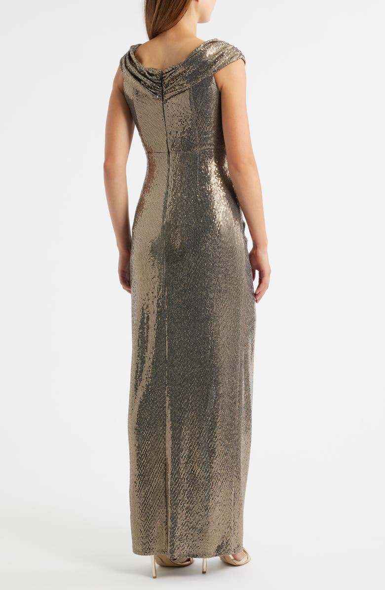 Vince Camuto Foil Knit Draped Off the Shoulder Sheath Gown, Alternate, color, Bronze