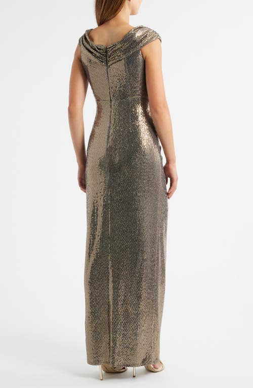 Vince Camuto Foil Knit Draped Off The Shoulder Sheath Gown In Gray