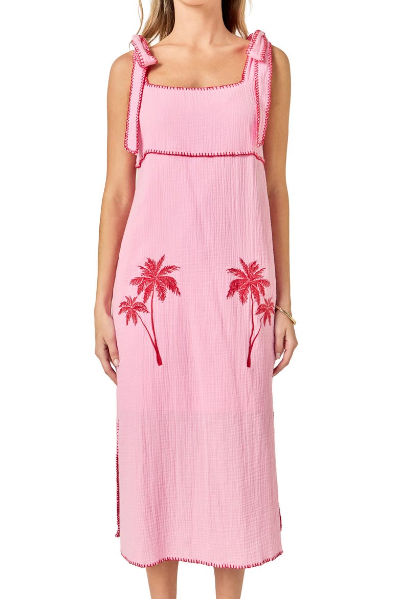 Tropical Embroidery Midi Dress, Alternate, color, PINK/ RED