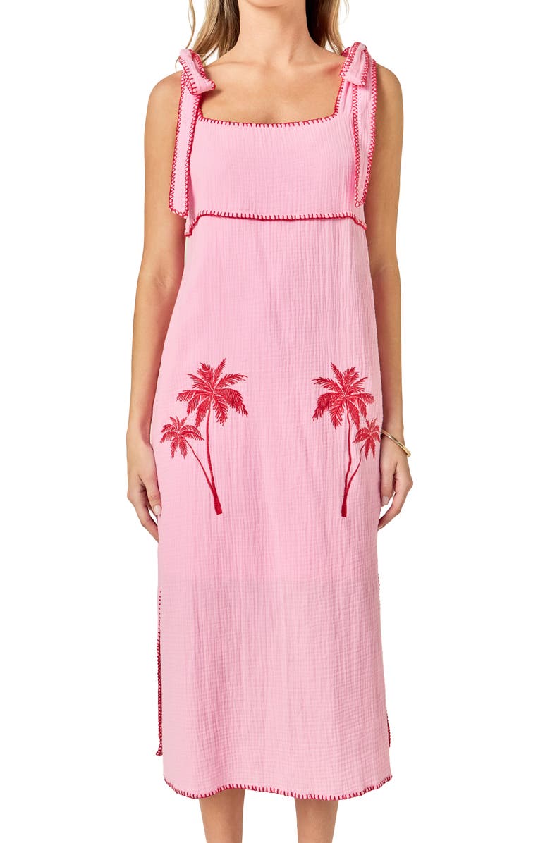 English Factory Tropical Embroidery Midi Dress, Alternate, color, Pink/ Red