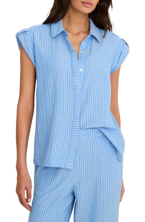 Stripe Cotton Blend Button-Up Resort Shirt (Regular & Petite)