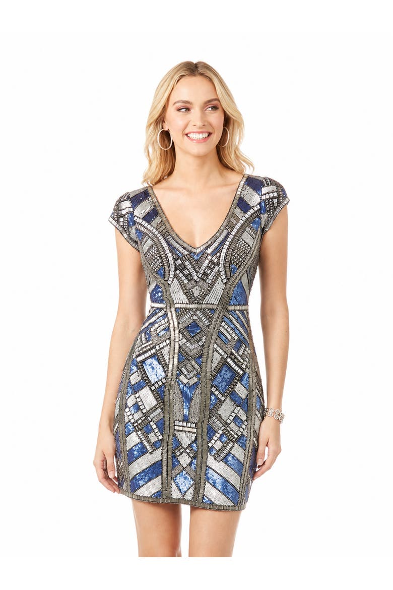 Beaded, V-neck Mini Dress, Alternate, color, Navy/Silver