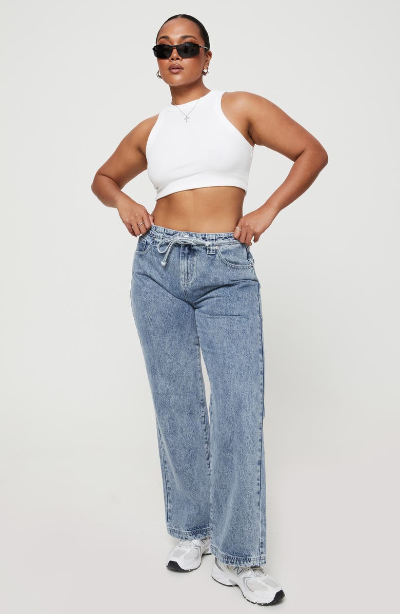 Princess Polly Pemberton Tie Waist Mid Rise Wide Leg Jeans, Alternate, color, Blue