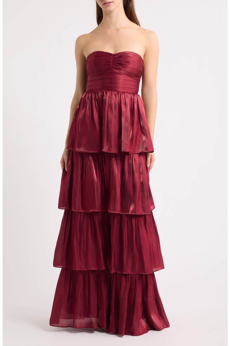 Bella Strapless Tiered Satin Gown, Main, color, BURGUNDY
