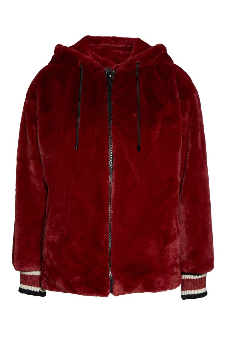 Faux Fur Hooded Jacket, Alternate, color, RUBY