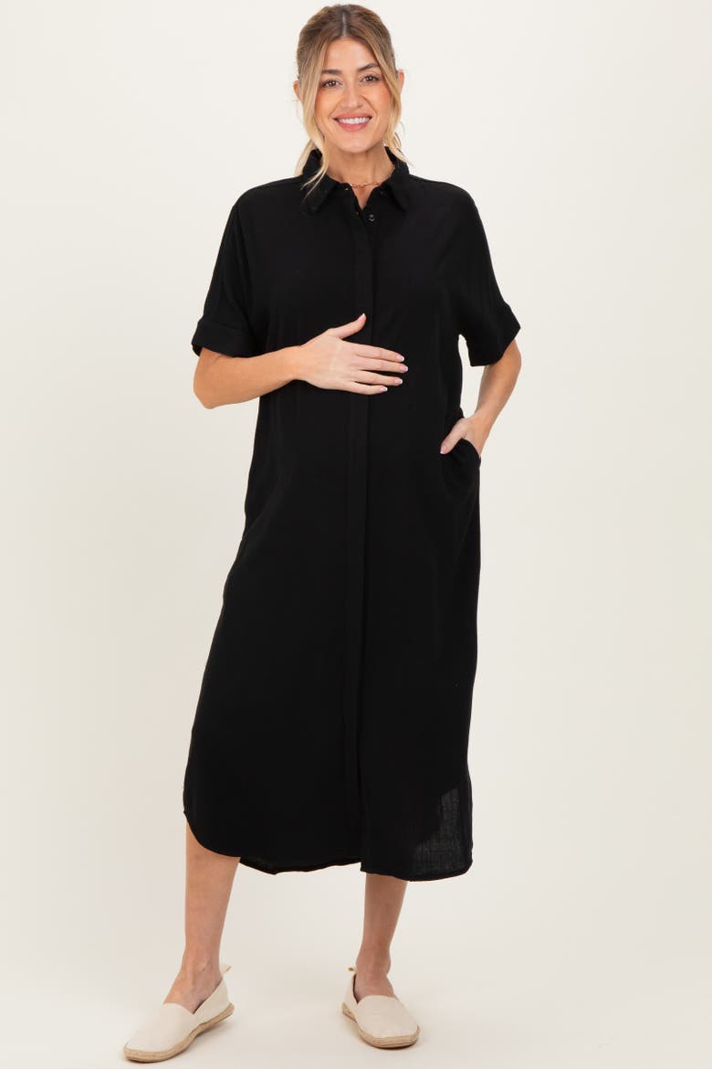 Button Down Midi Shirt Dress, Alternate, color, Black
