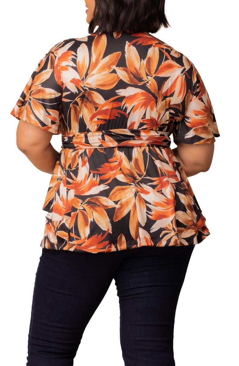 Kiyonna Encore Print Faux Wrap Top, Alternate, color, Black/ Orange Multi