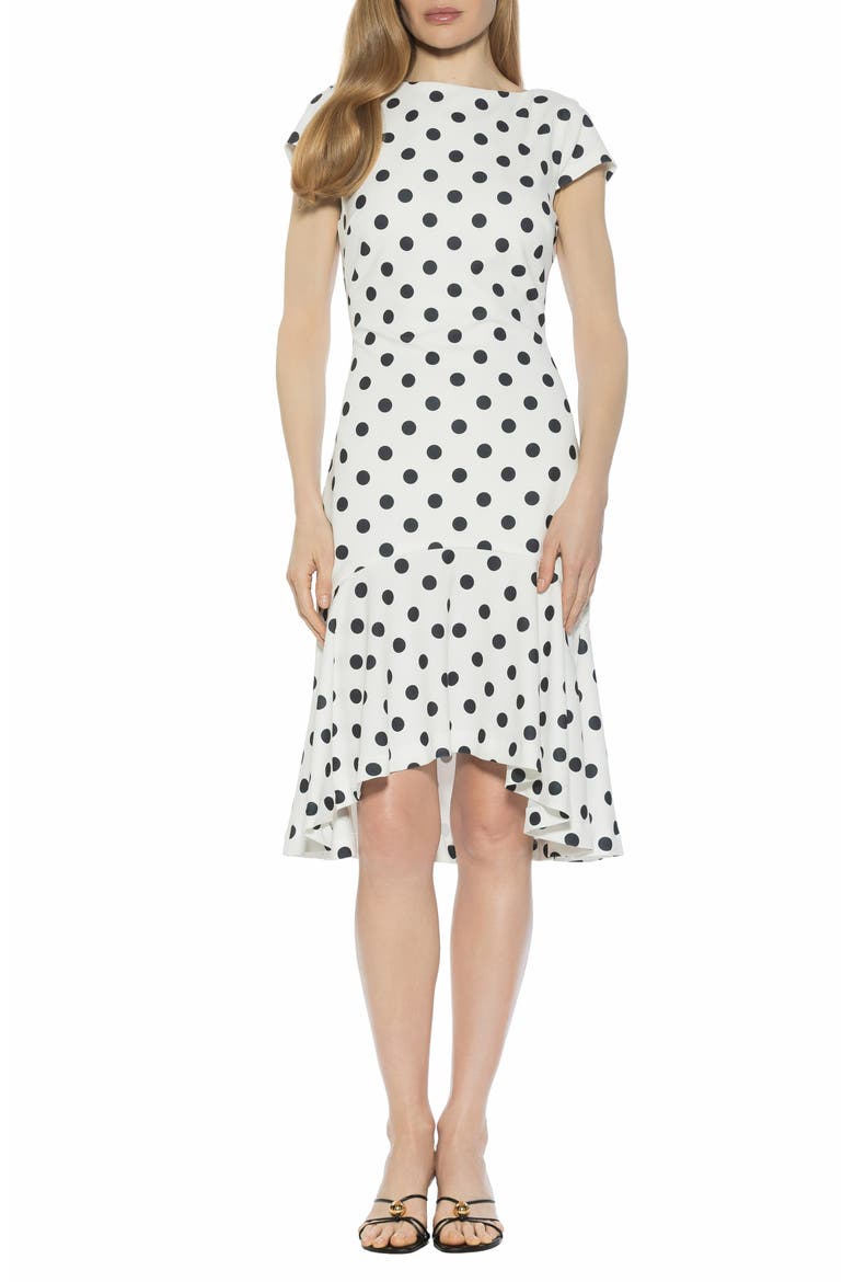 Renata Cap Sleeve Handkerchief Hem Knit Dress, Main, color, IVORY POLKA