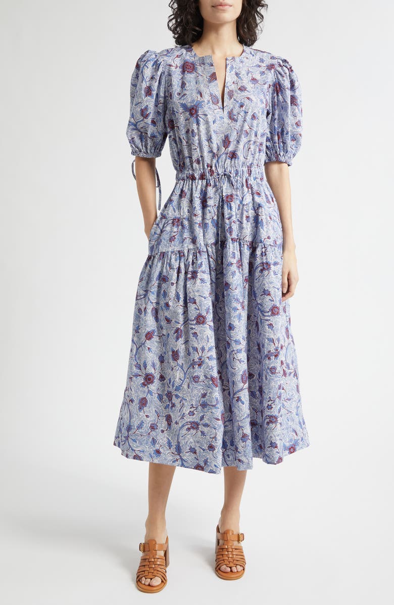Ulla Johnson Adriana Floral Print Midi Dress, Main, color, Gardenia