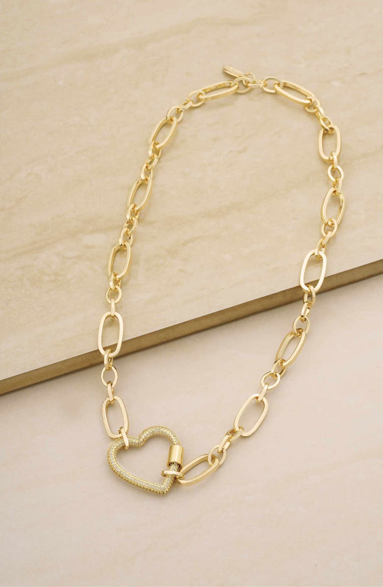 Ettika Crystal Pavé Heart Clasp Necklace, Alternate, color, Gold
