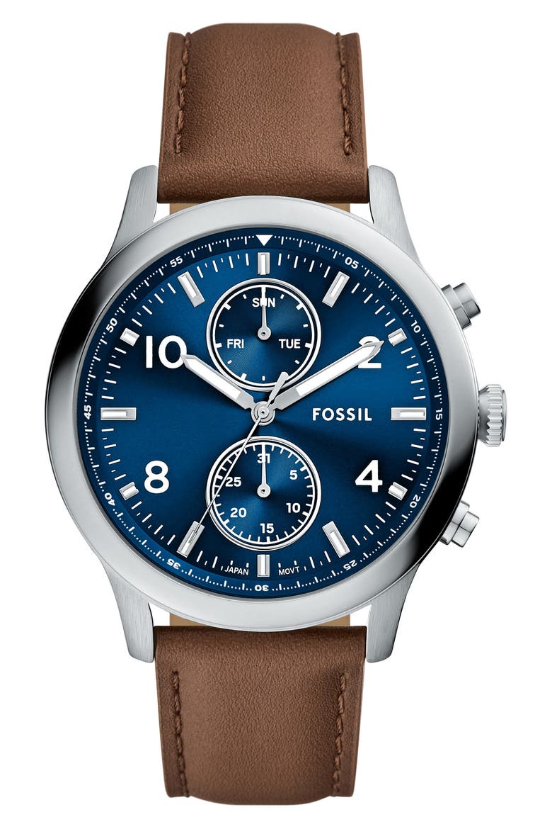 Bennett Multifunction Leather Strap Watch, 45mm, Main, color, SILVER