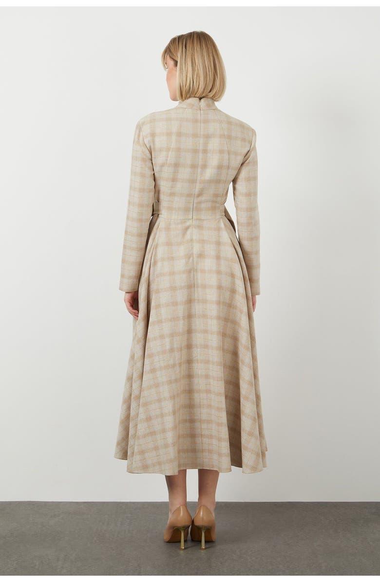 Gizia High Collar Buckle Belt Detail Midi Lined Beige Dress, Alternate, color, Beige