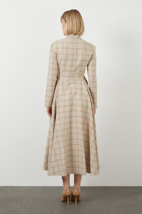 Gizia High Collar Buckle Belt Detail Midi Lined Beige Dress In Neutral
